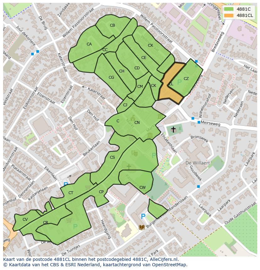 Afbeelding van het postcodegebied 4881 CL op de kaart.