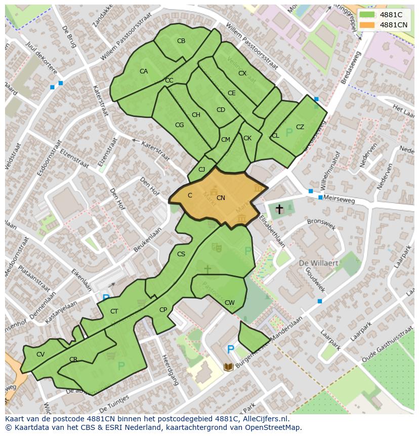 Afbeelding van het postcodegebied 4881 CN op de kaart.