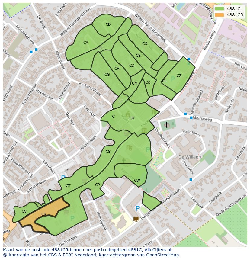 Afbeelding van het postcodegebied 4881 CR op de kaart.