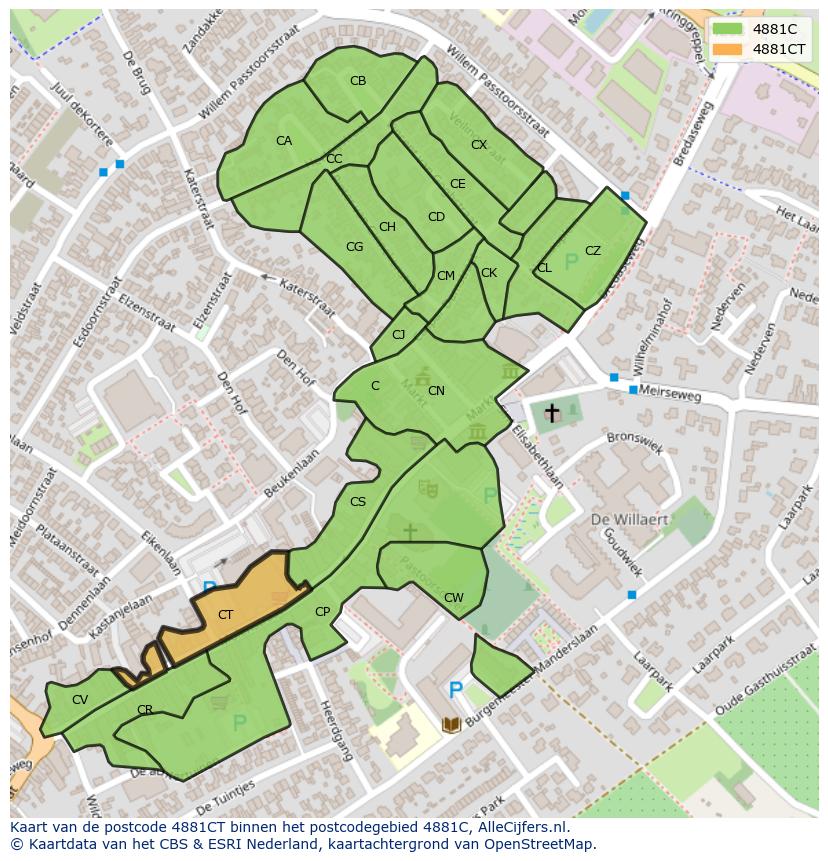 Afbeelding van het postcodegebied 4881 CT op de kaart.