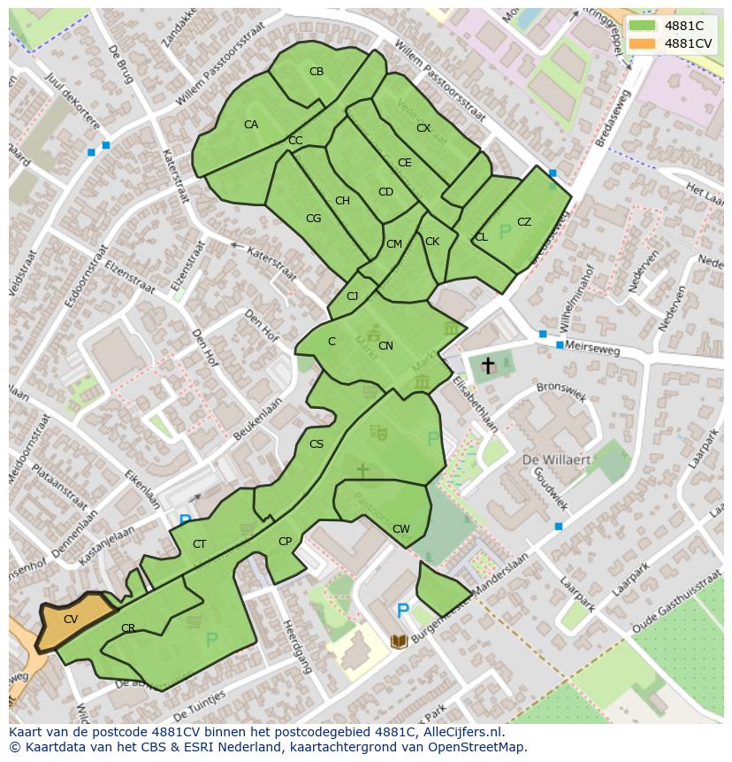 Afbeelding van het postcodegebied 4881 CV op de kaart.