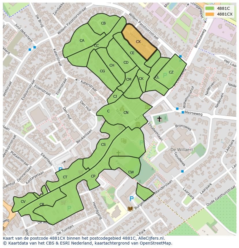 Afbeelding van het postcodegebied 4881 CX op de kaart.