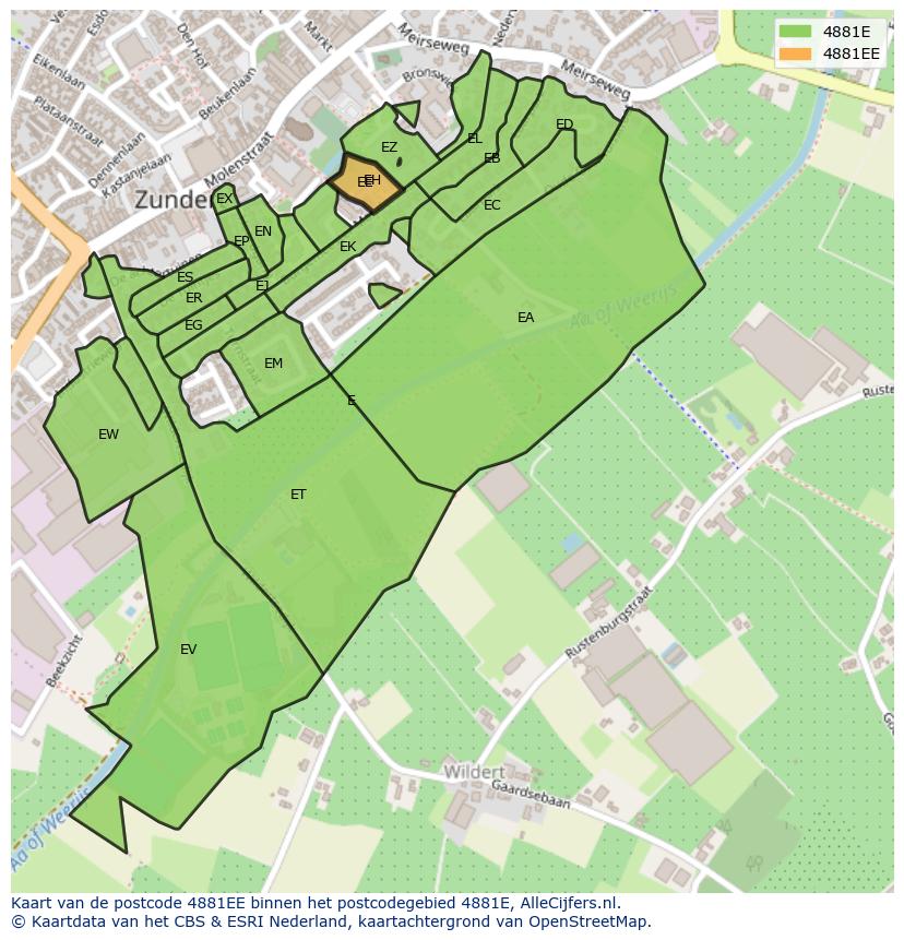 Afbeelding van het postcodegebied 4881 EE op de kaart.