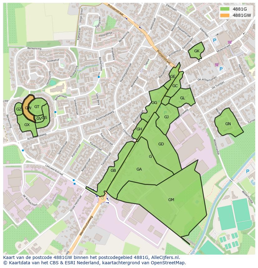 Afbeelding van het postcodegebied 4881 GW op de kaart.