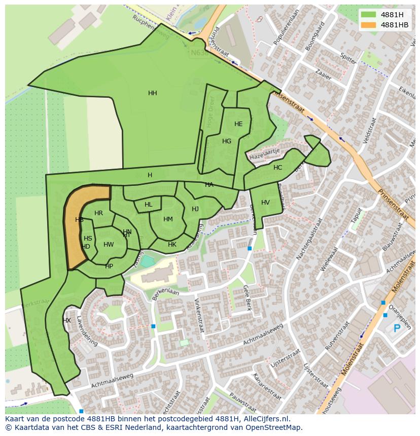 Afbeelding van het postcodegebied 4881 HB op de kaart.
