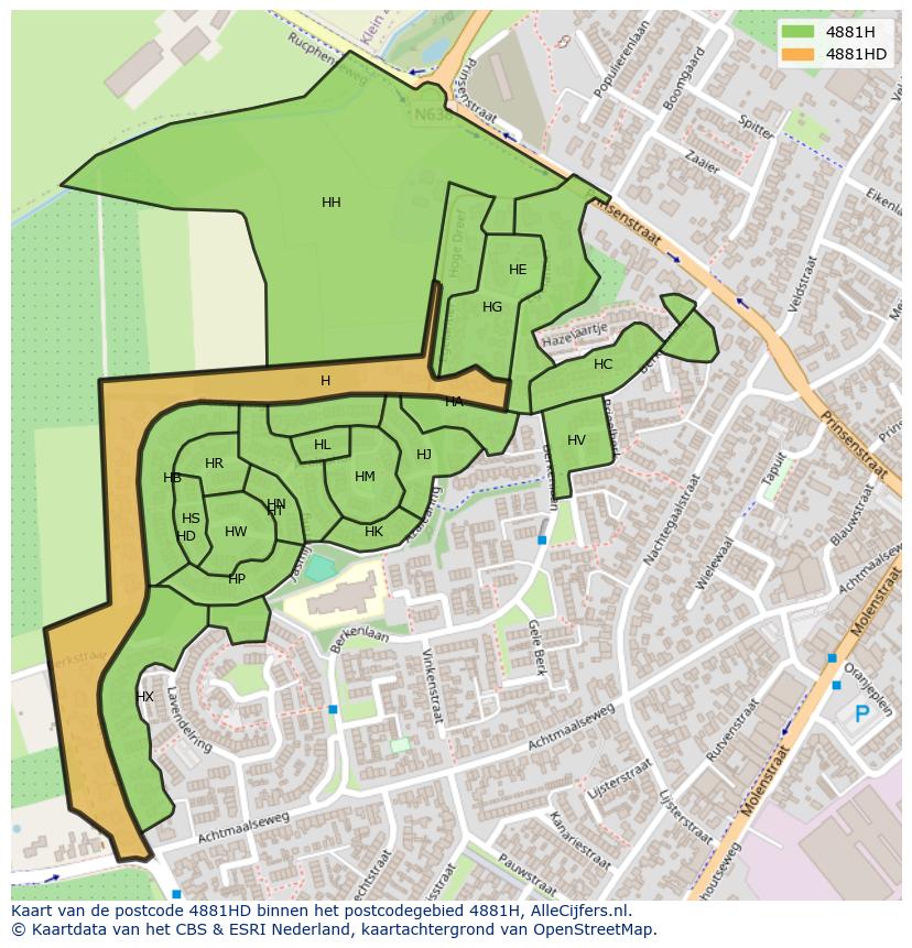 Afbeelding van het postcodegebied 4881 HD op de kaart.