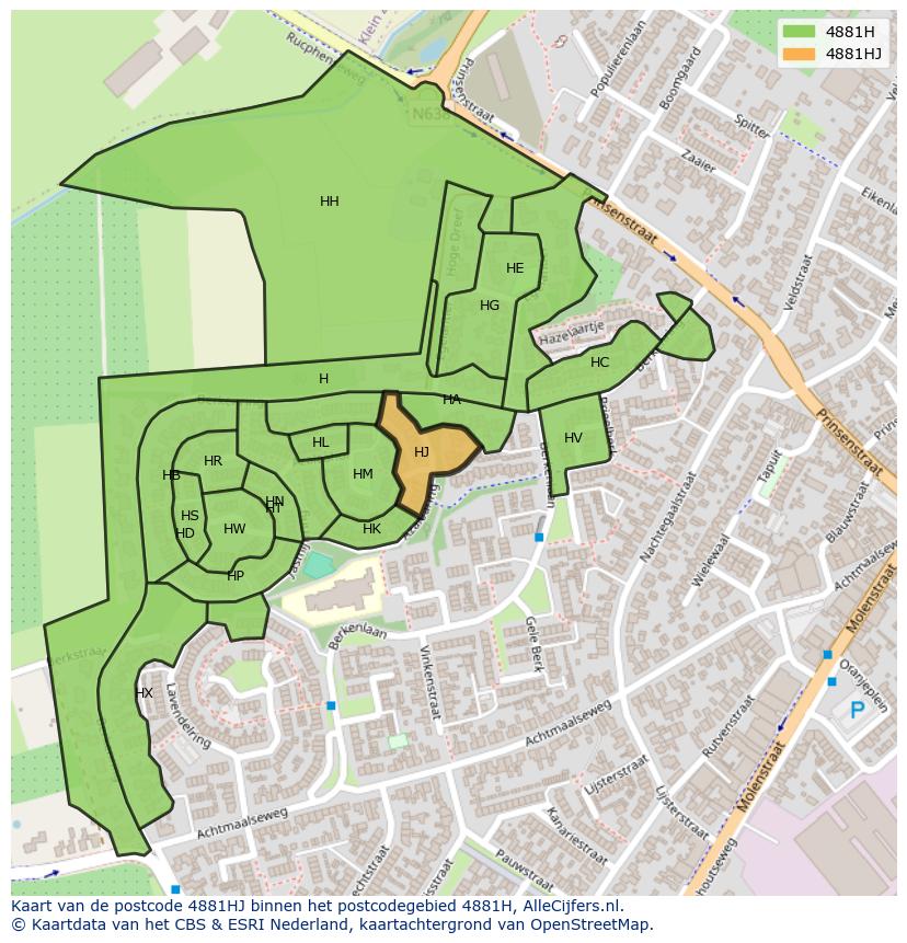 Afbeelding van het postcodegebied 4881 HJ op de kaart.