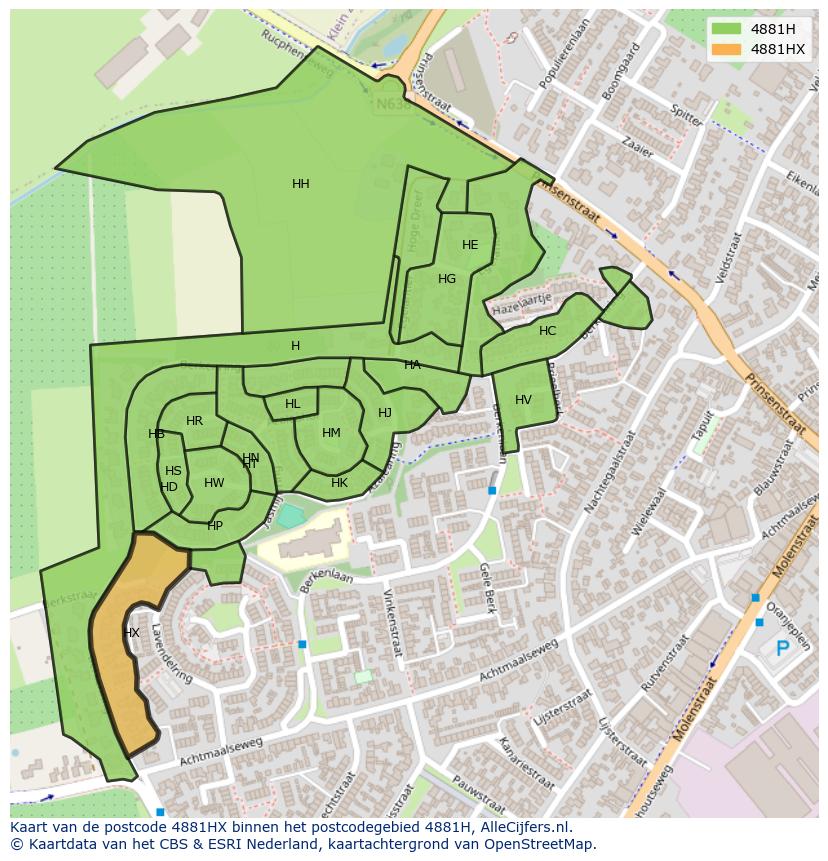 Afbeelding van het postcodegebied 4881 HX op de kaart.