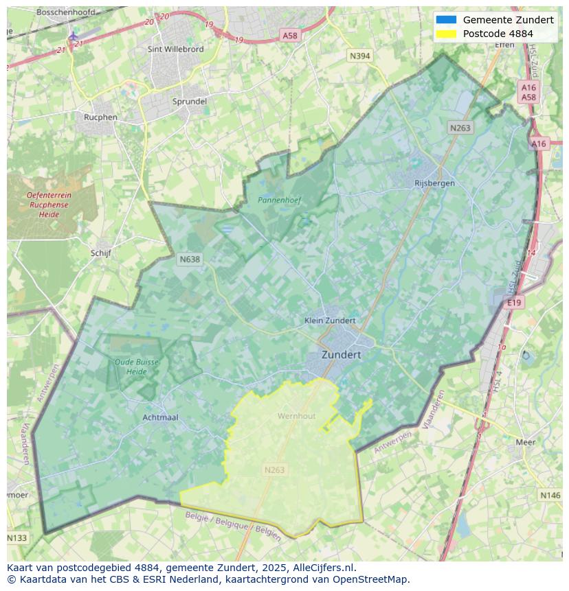 Afbeelding van het postcodegebied 4884 op de kaart.