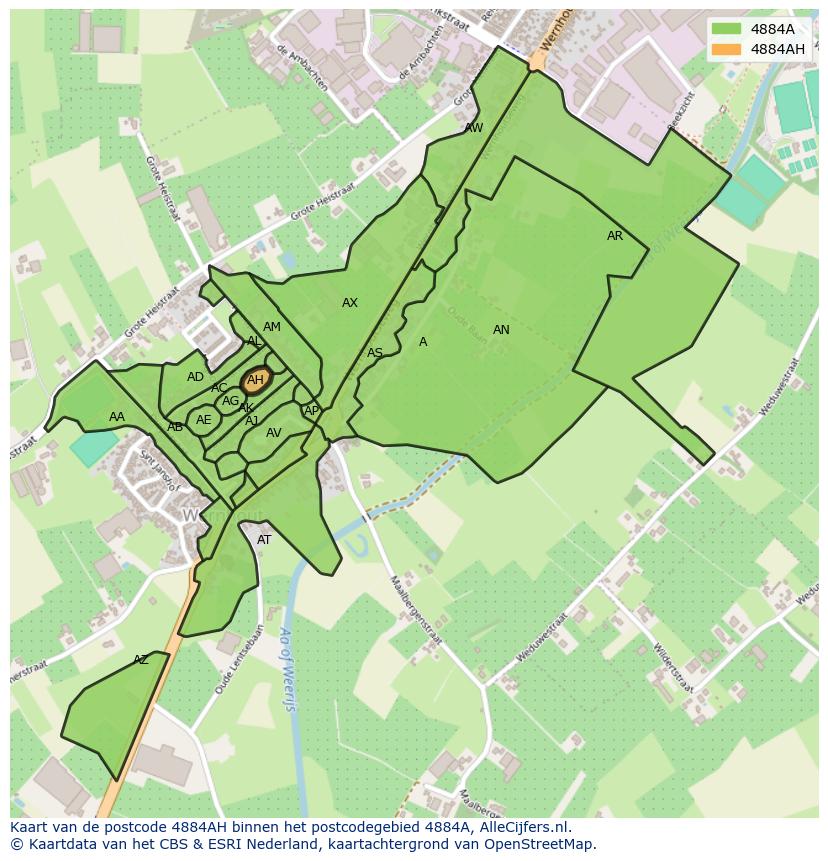 Afbeelding van het postcodegebied 4884 AH op de kaart.