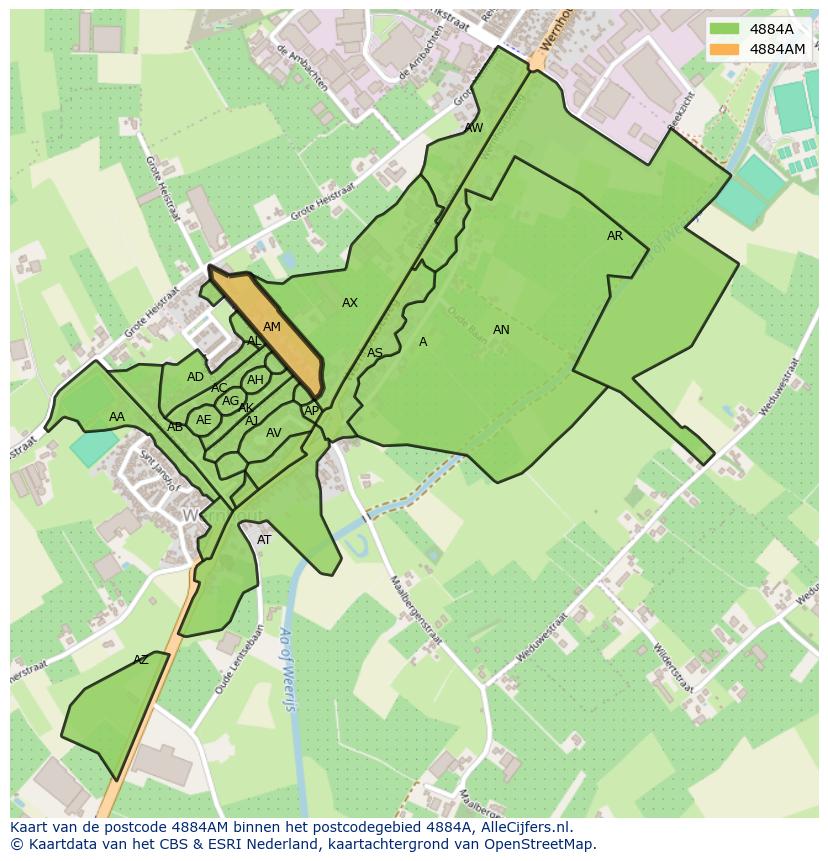 Afbeelding van het postcodegebied 4884 AM op de kaart.