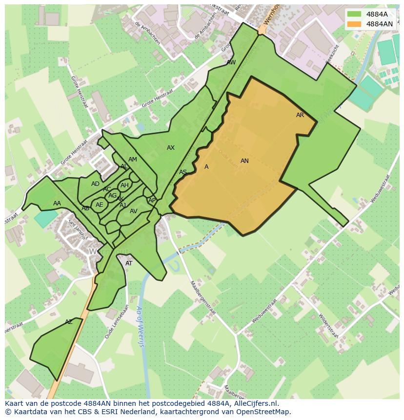 Afbeelding van het postcodegebied 4884 AN op de kaart.