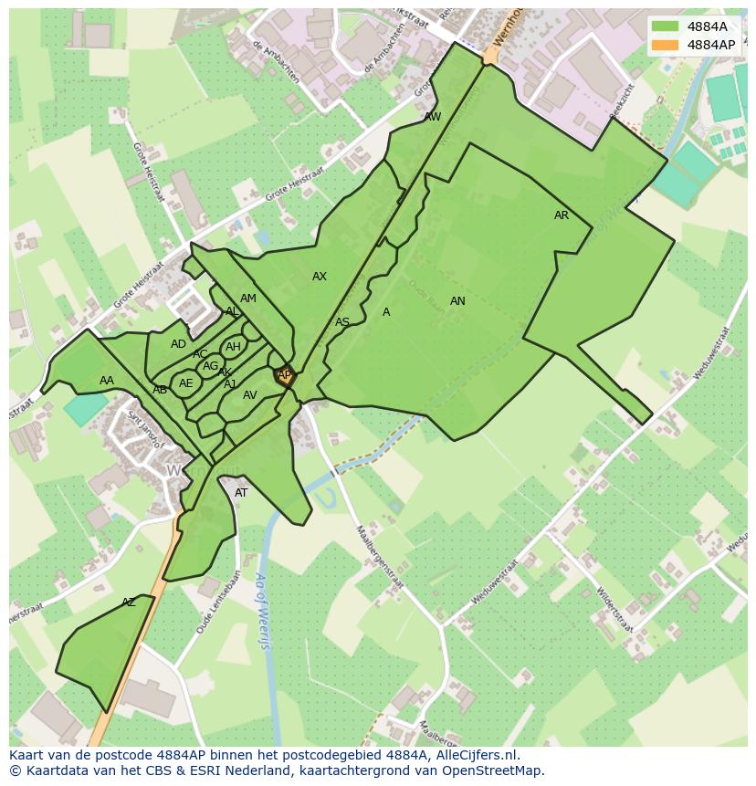 Afbeelding van het postcodegebied 4884 AP op de kaart.