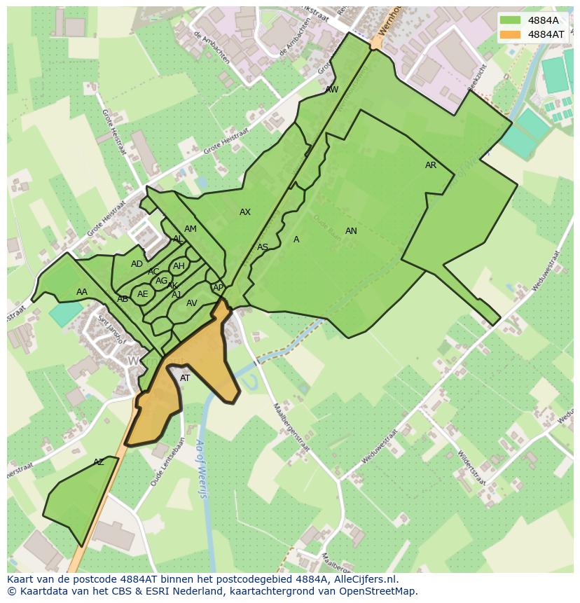 Afbeelding van het postcodegebied 4884 AT op de kaart.