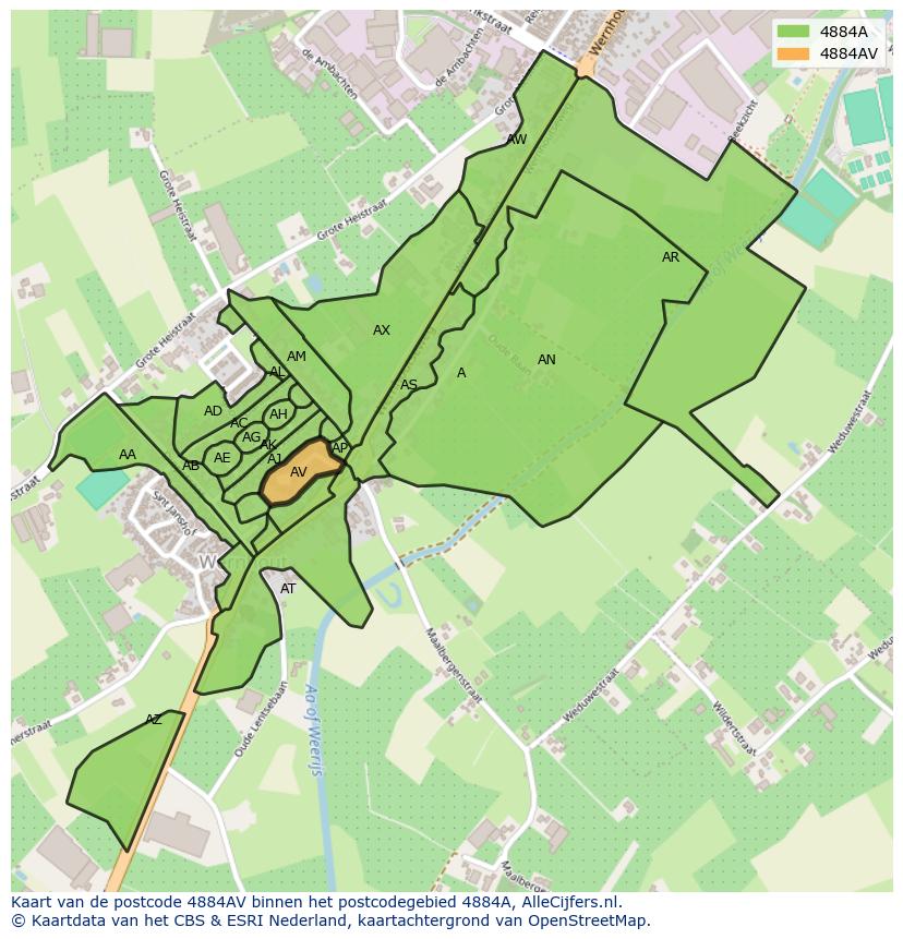 Afbeelding van het postcodegebied 4884 AV op de kaart.