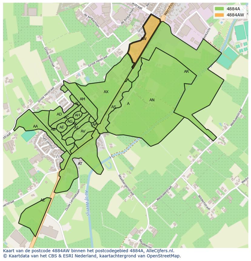 Afbeelding van het postcodegebied 4884 AW op de kaart.
