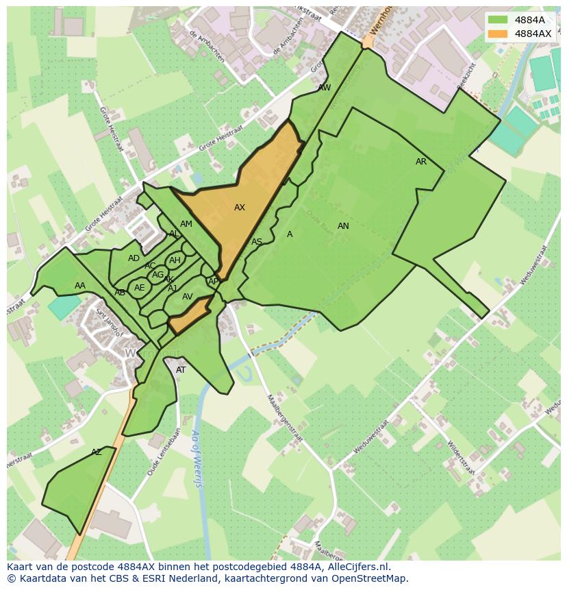 Afbeelding van het postcodegebied 4884 AX op de kaart.