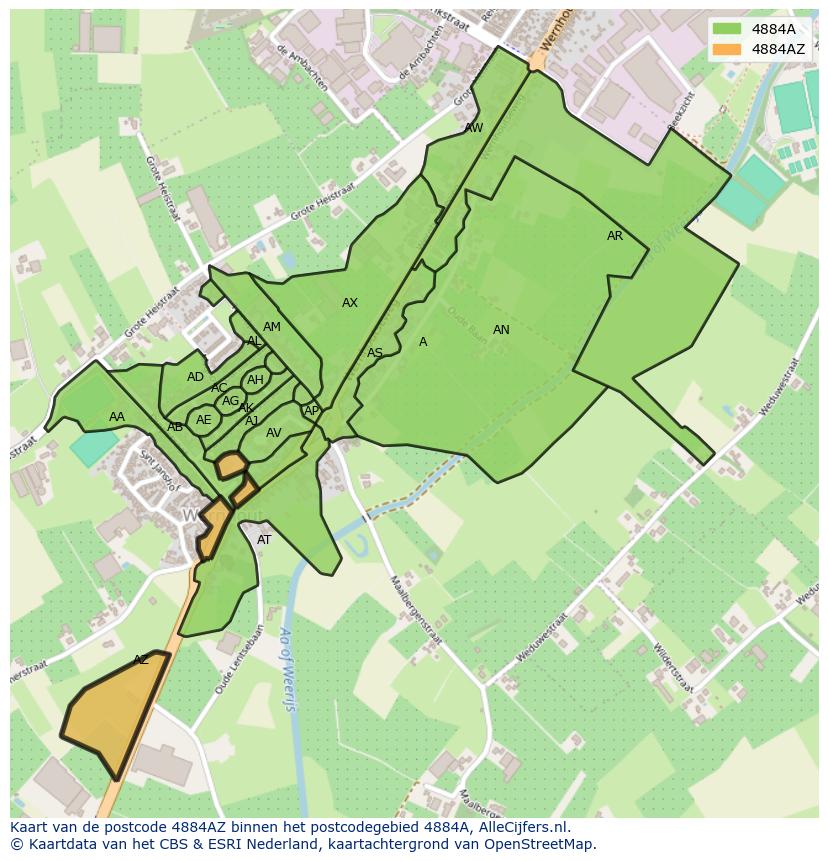 Afbeelding van het postcodegebied 4884 AZ op de kaart.