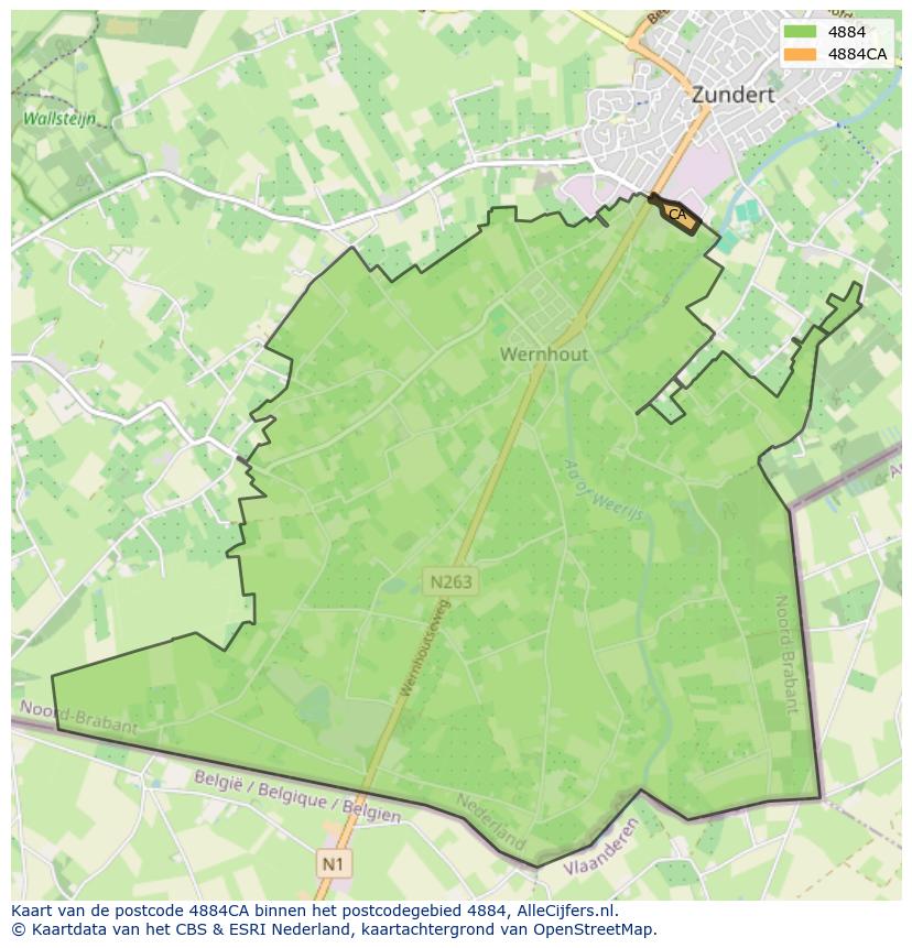 Afbeelding van het postcodegebied 4884 CA op de kaart.