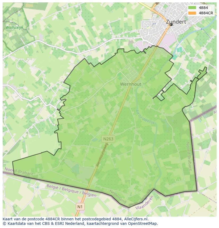 Afbeelding van het postcodegebied 4884 CR op de kaart.