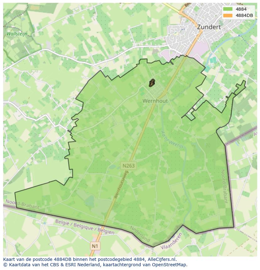 Afbeelding van het postcodegebied 4884 DB op de kaart.