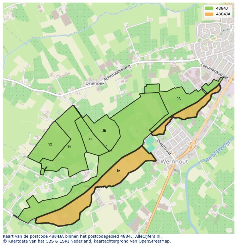 Afbeelding van het postcodegebied 4884 JA op de kaart.