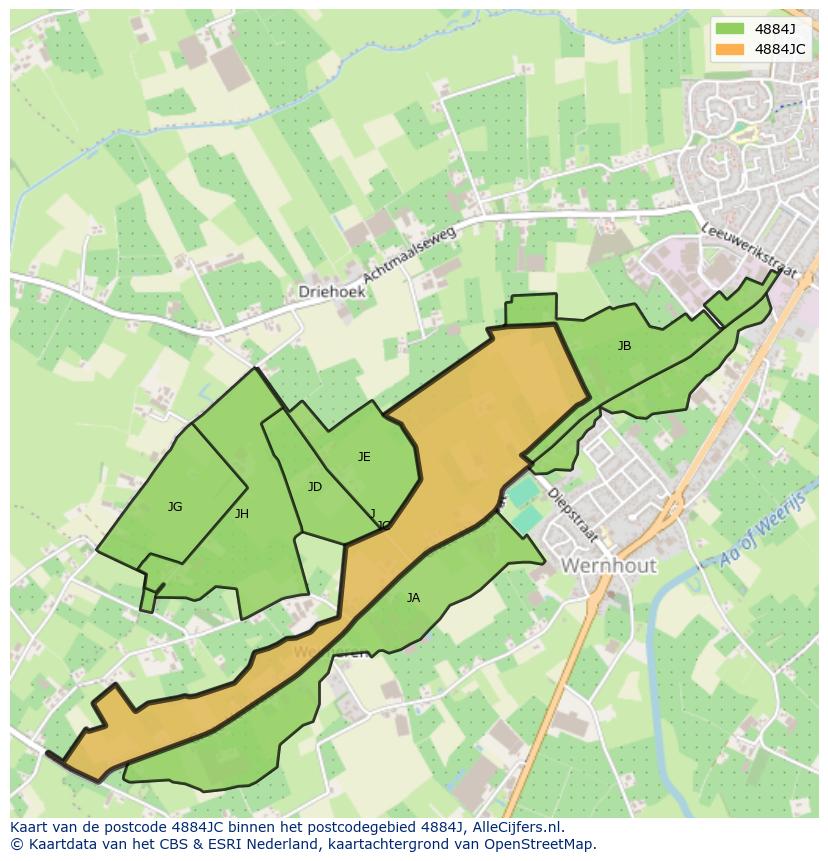 Afbeelding van het postcodegebied 4884 JC op de kaart.