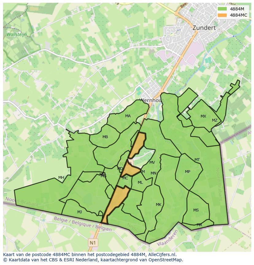 Afbeelding van het postcodegebied 4884 MC op de kaart.