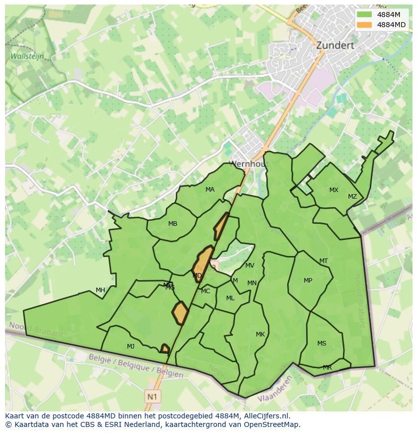 Afbeelding van het postcodegebied 4884 MD op de kaart.