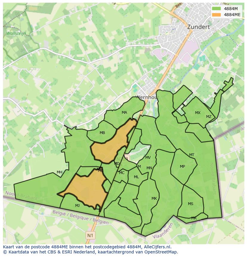 Afbeelding van het postcodegebied 4884 ME op de kaart.