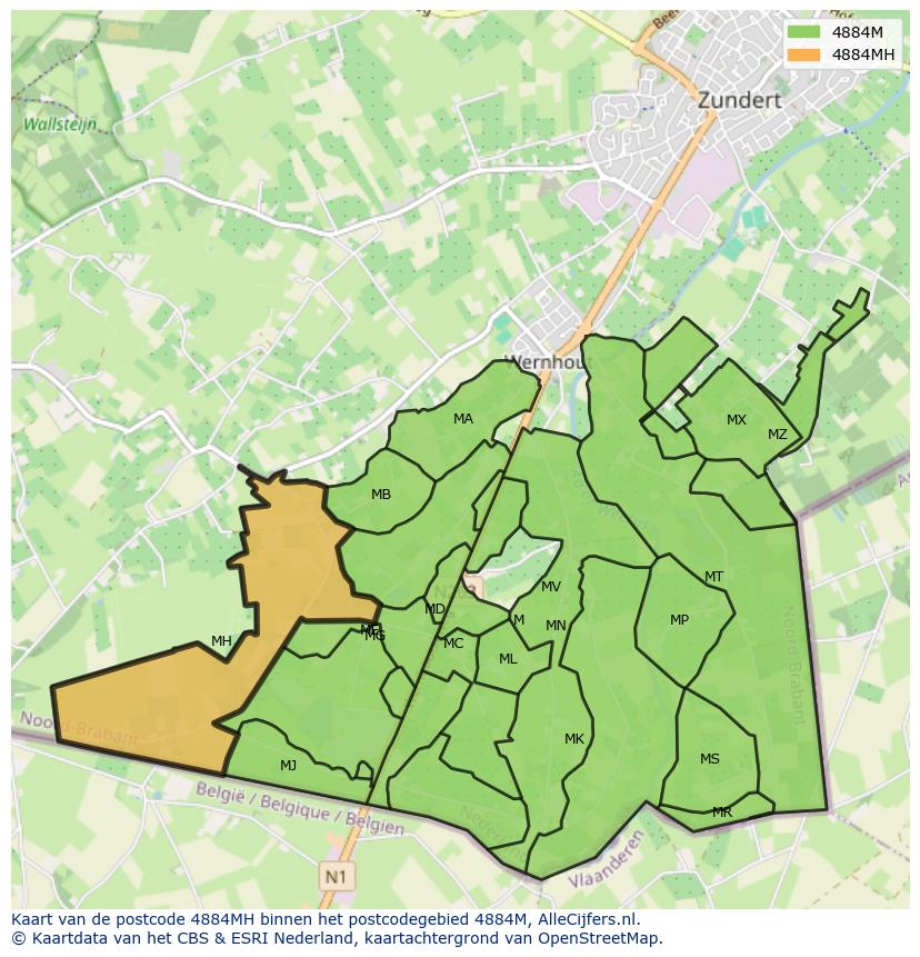 Afbeelding van het postcodegebied 4884 MH op de kaart.