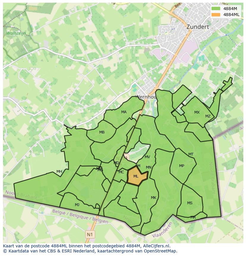 Afbeelding van het postcodegebied 4884 ML op de kaart.