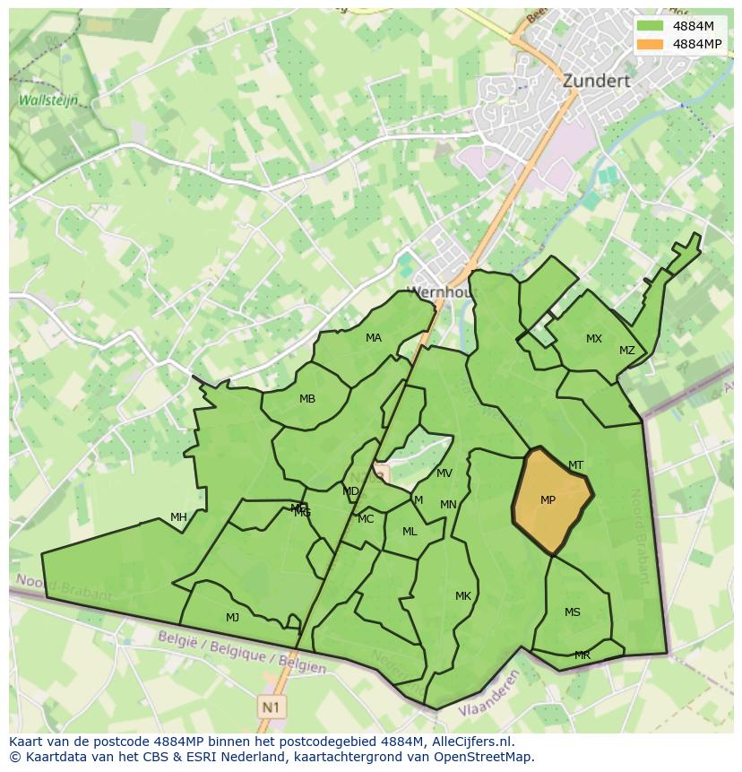 Afbeelding van het postcodegebied 4884 MP op de kaart.