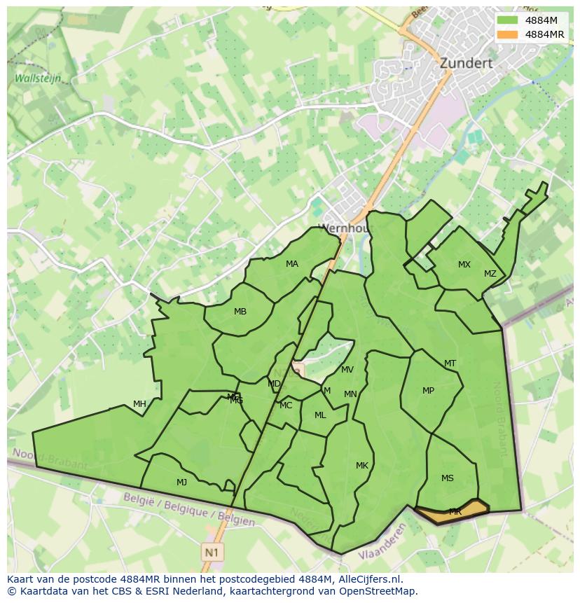 Afbeelding van het postcodegebied 4884 MR op de kaart.