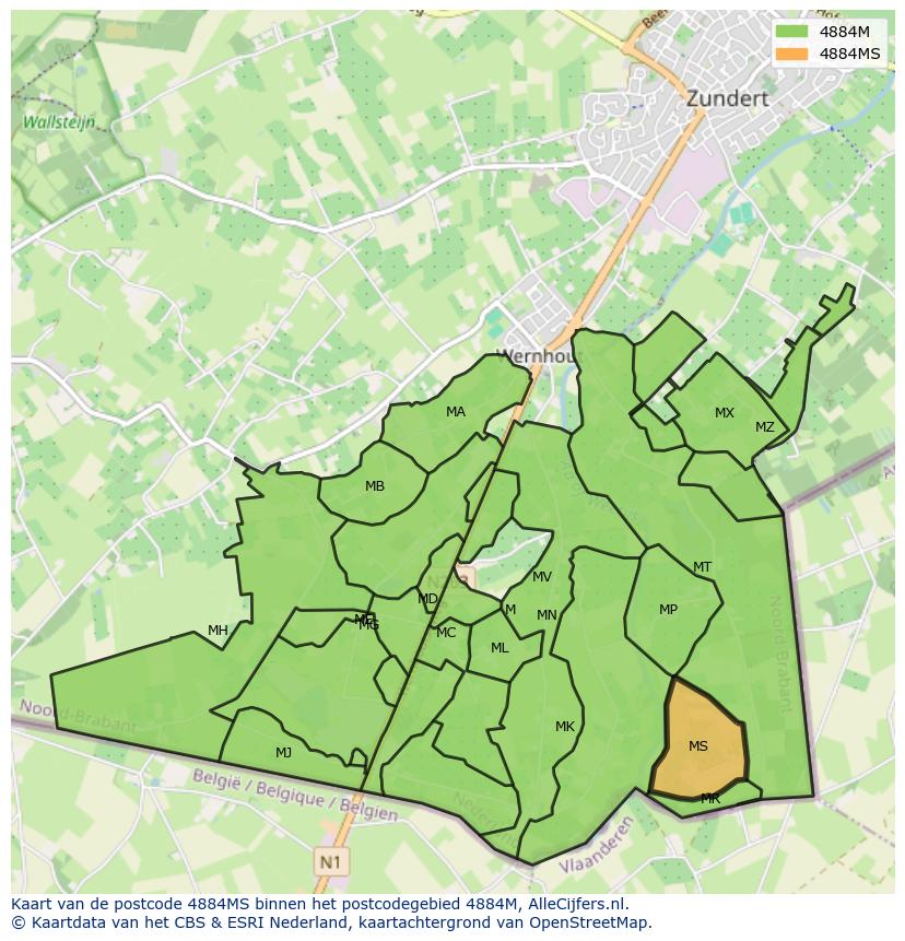 Afbeelding van het postcodegebied 4884 MS op de kaart.