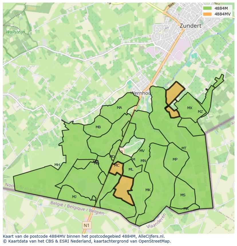 Afbeelding van het postcodegebied 4884 MV op de kaart.
