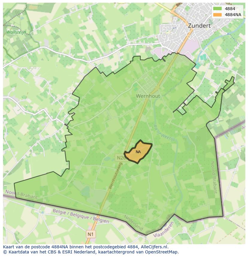 Afbeelding van het postcodegebied 4884 NA op de kaart.