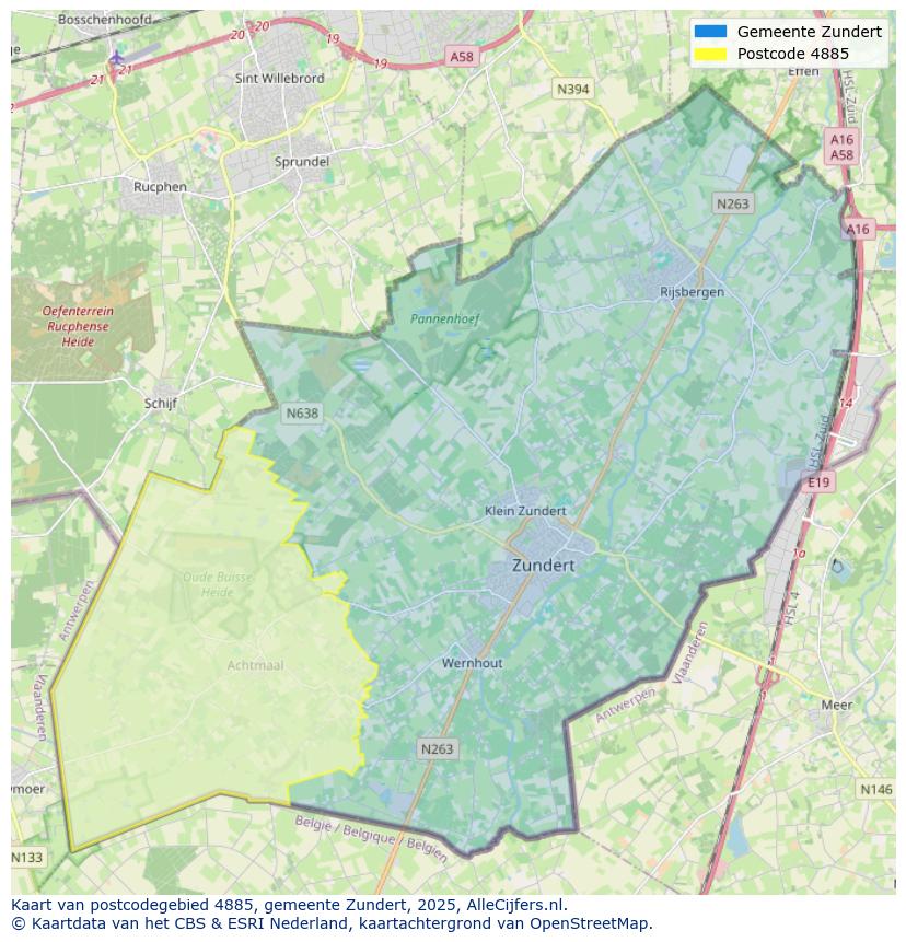 Afbeelding van het postcodegebied 4885 op de kaart.
