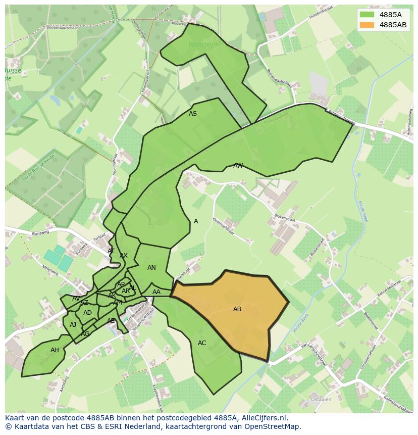 Afbeelding van het postcodegebied 4885 AB op de kaart.