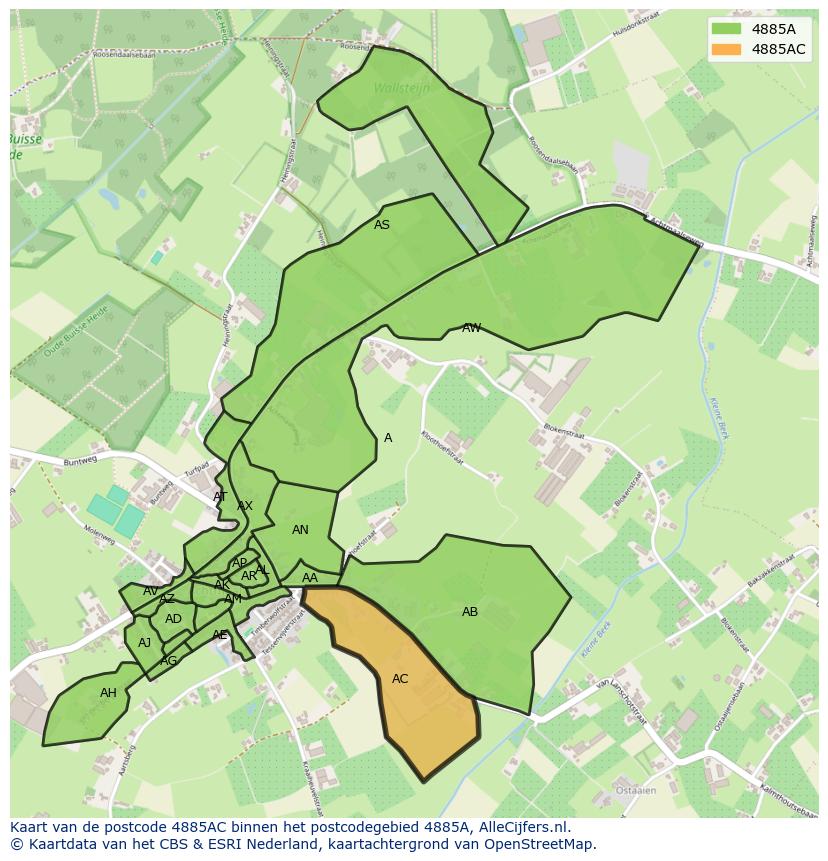 Afbeelding van het postcodegebied 4885 AC op de kaart.