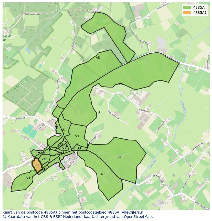 Afbeelding van het postcodegebied 4885 AJ op de kaart.