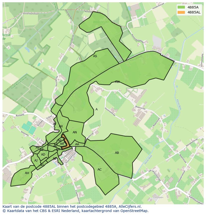 Afbeelding van het postcodegebied 4885 AL op de kaart.