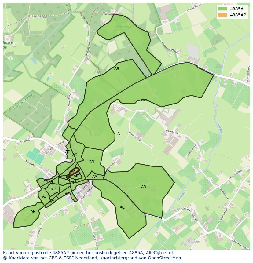Afbeelding van het postcodegebied 4885 AP op de kaart.