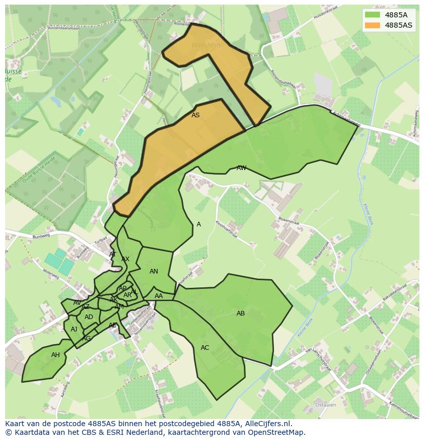 Afbeelding van het postcodegebied 4885 AS op de kaart.