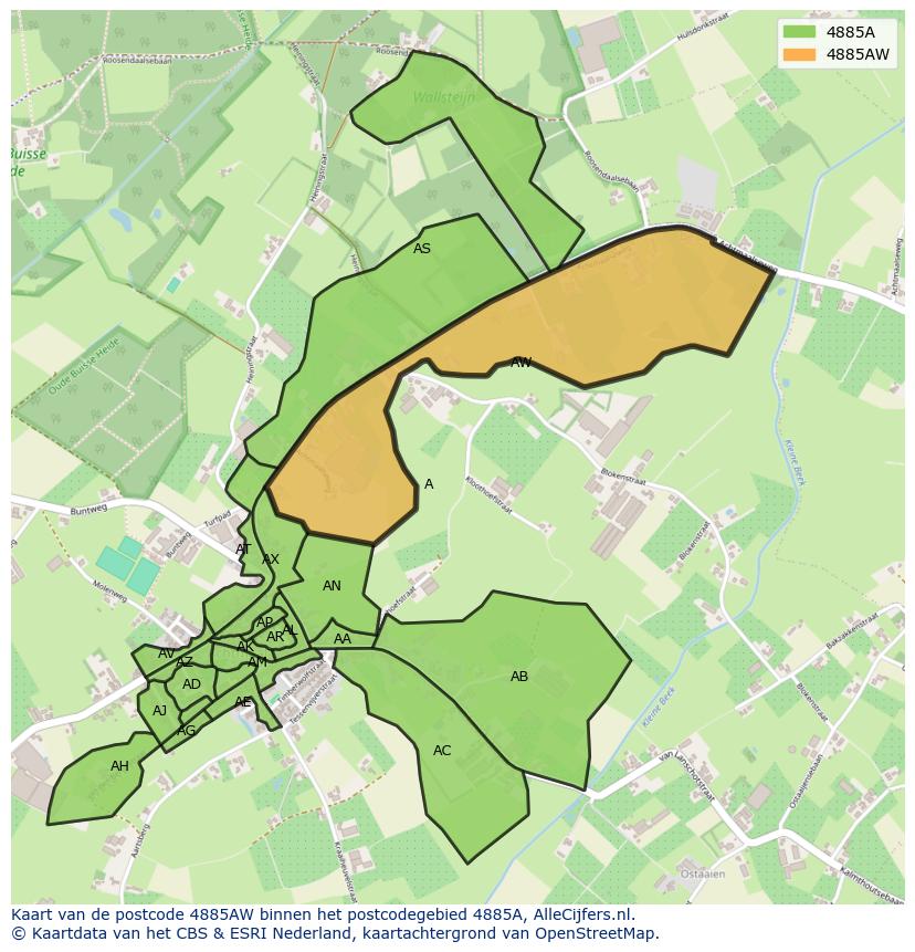 Afbeelding van het postcodegebied 4885 AW op de kaart.