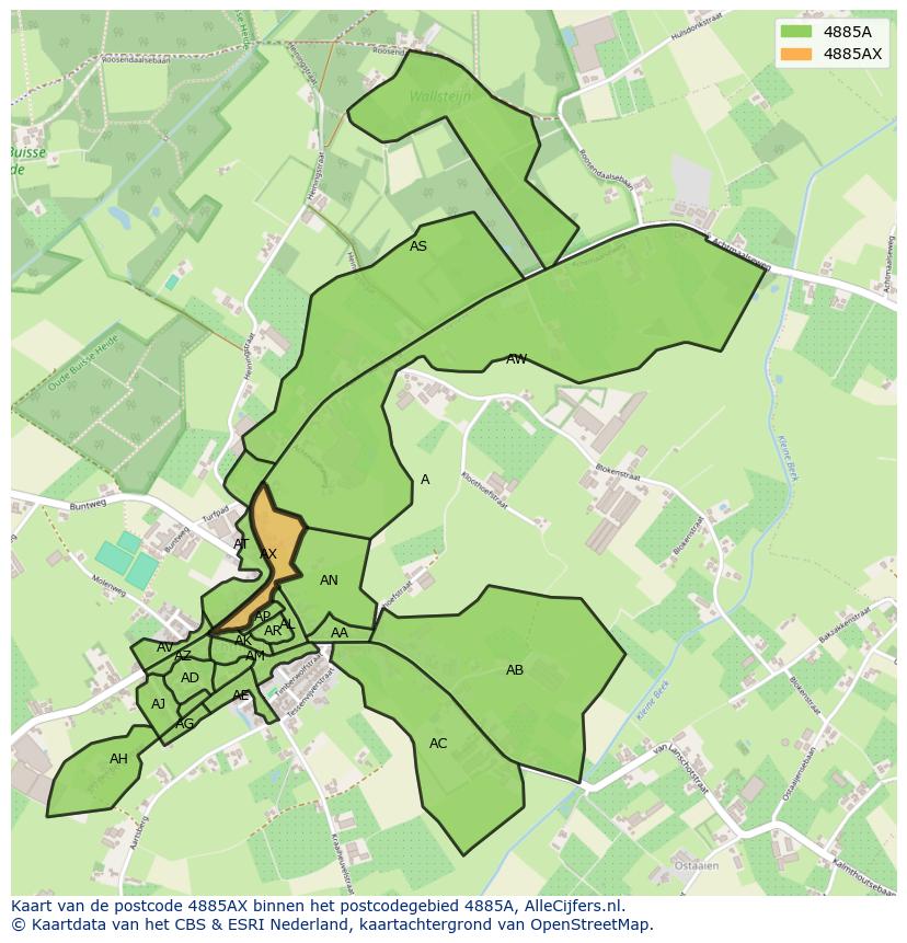 Afbeelding van het postcodegebied 4885 AX op de kaart.