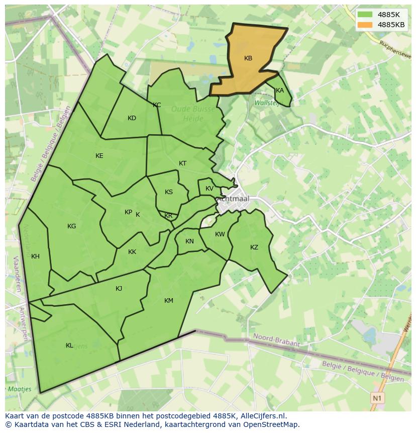 Afbeelding van het postcodegebied 4885 KB op de kaart.