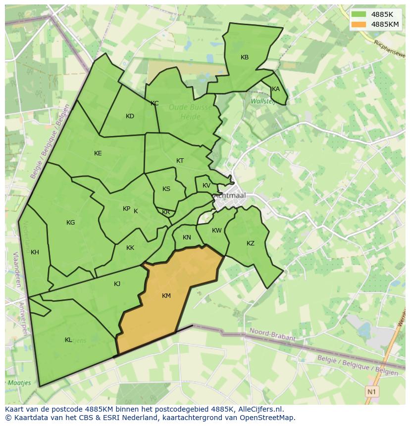 Afbeelding van het postcodegebied 4885 KM op de kaart.