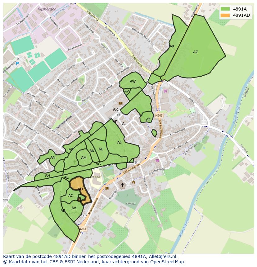 Afbeelding van het postcodegebied 4891 AD op de kaart.
