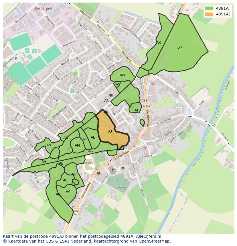 Afbeelding van het postcodegebied 4891 AJ op de kaart.